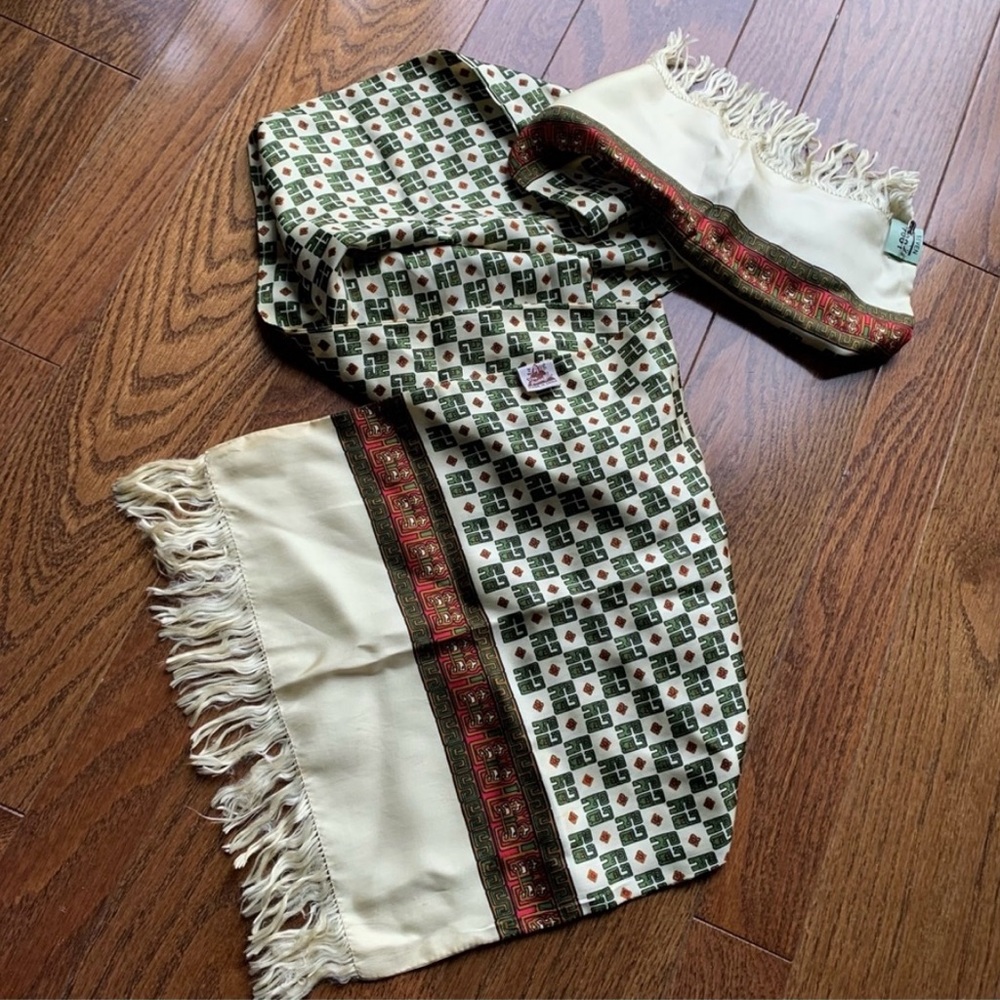 Vintage Genuine Pure silk scarf Tassel edge Hand painted Dry clean tag attached